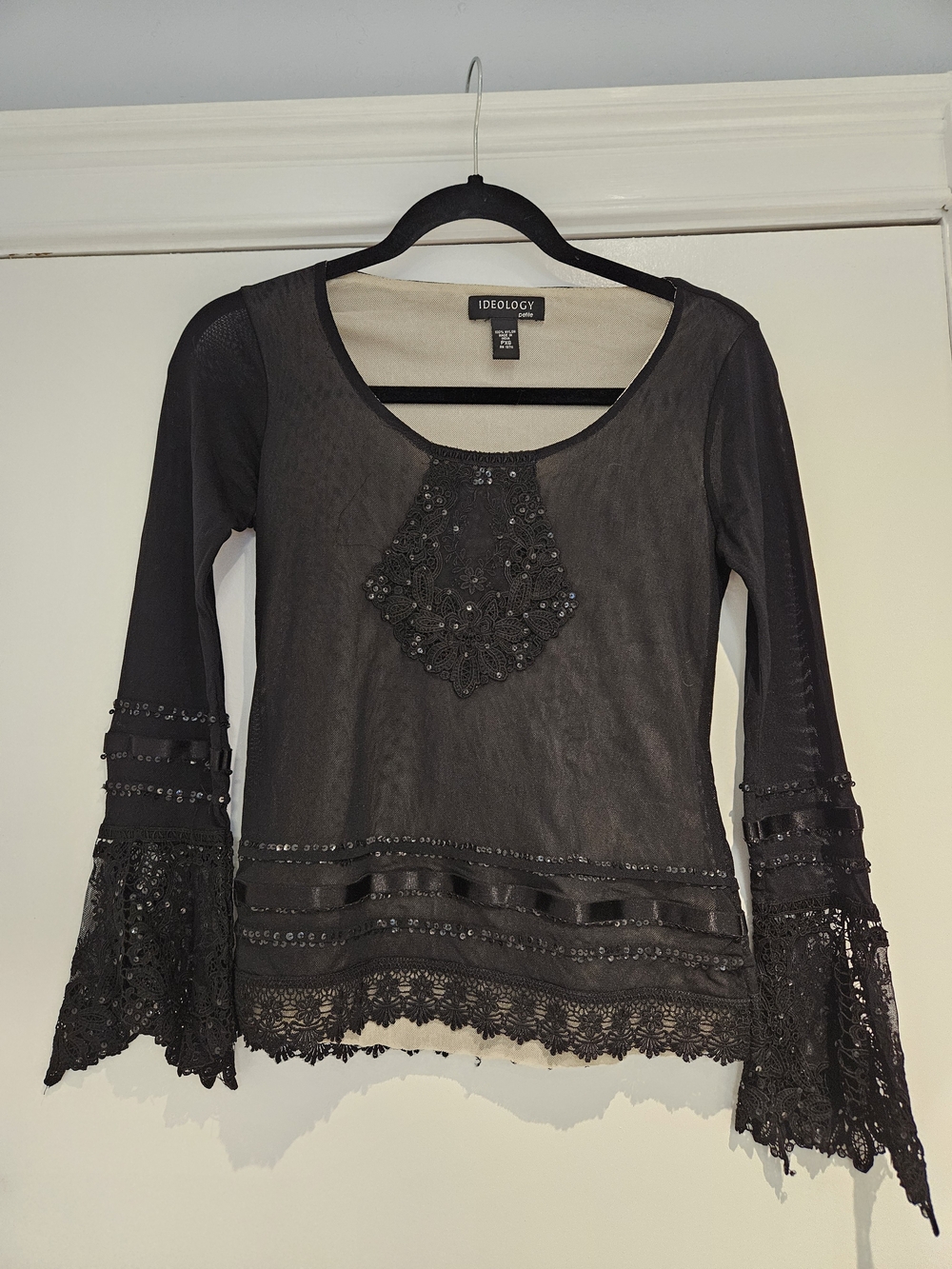 Ideology Black Lace & Sequin Scoop Neck Top